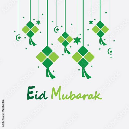 Eid mubarak background with ketupat,crescent and stars for celebrate eid ul fitr or eid ul adha - Vector illustration