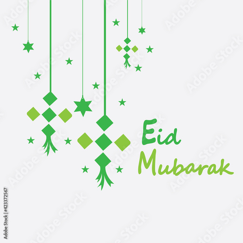 Eid mubarak background with ketupat,crescent and stars for celebrate eid ul fitr or eid ul adha - Vector illustration