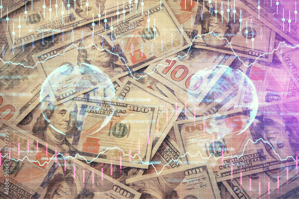 Multi exposure of forex chart drawing over us dollars bill background. Concept of financial success markets.