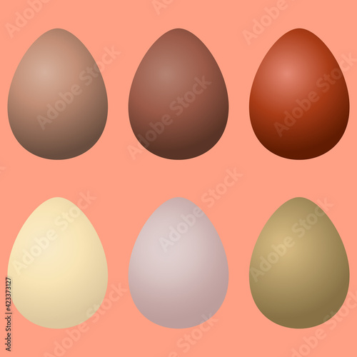 Set of chocolate and natural color eggs. Illustration in beige brown colors for design of Happy Easter cards, decor, textiles, fabrics, packaging, wrapping paper, banners, templates
