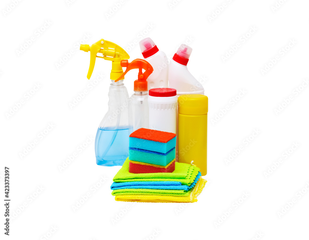 Cleaning supplies and items on a white background. Cleaning supplies and items on a white background.