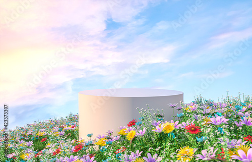 Natural beauty podium backdrop with spring flower field scene. 3d rendering. 