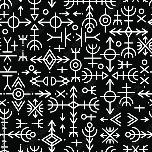 Ethnic Norwegian Icelandic seamless pattern. Runic talismans of the Vikings and northern peoples. Magic and magical runes. Pagan signs. Futhark repeatable background. Vector illusion. 