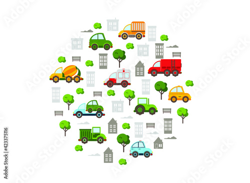 colored cars with houses, trees, bench. children's background 