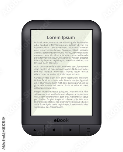 Vector realistic illustration of ebook, e-book, or e book reader used for reading isolated on a white background. Electronic book, modern technology. Tablet screen with yellow color for easier reading