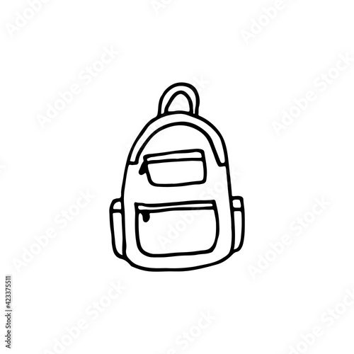 Doodle image of a backpack. Hand-drawn image for print, sticker, web, various designs. Vector element for the themes of travel, vacation, tourism.