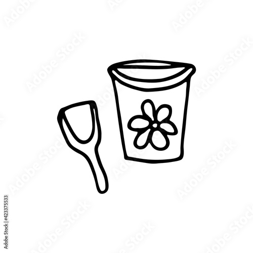 Doodle image of a beach bucket and shovel. Hand-drawn image for print, sticker, web, various designs. Vector element for the themes of travel, vacation, tourism.