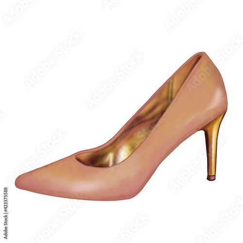 Realistic woman heel. Hand drawn nude and golden color woman heel. Isolated on white background. Woman shoes concept. Fashion.