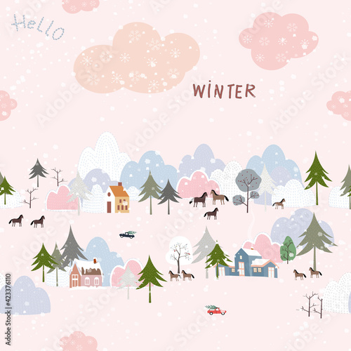 Seamless Cute winter landscape with snow in Village,Repeat pattern Vector cartoon in small town with farmhouse and horse in countryside,Endless illustration of Vertical banner winter forest pine tree