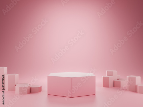 Pink podium, pedestal and pink backdrop showcase, product presentation. 3D Rendering. © marchsirawit
