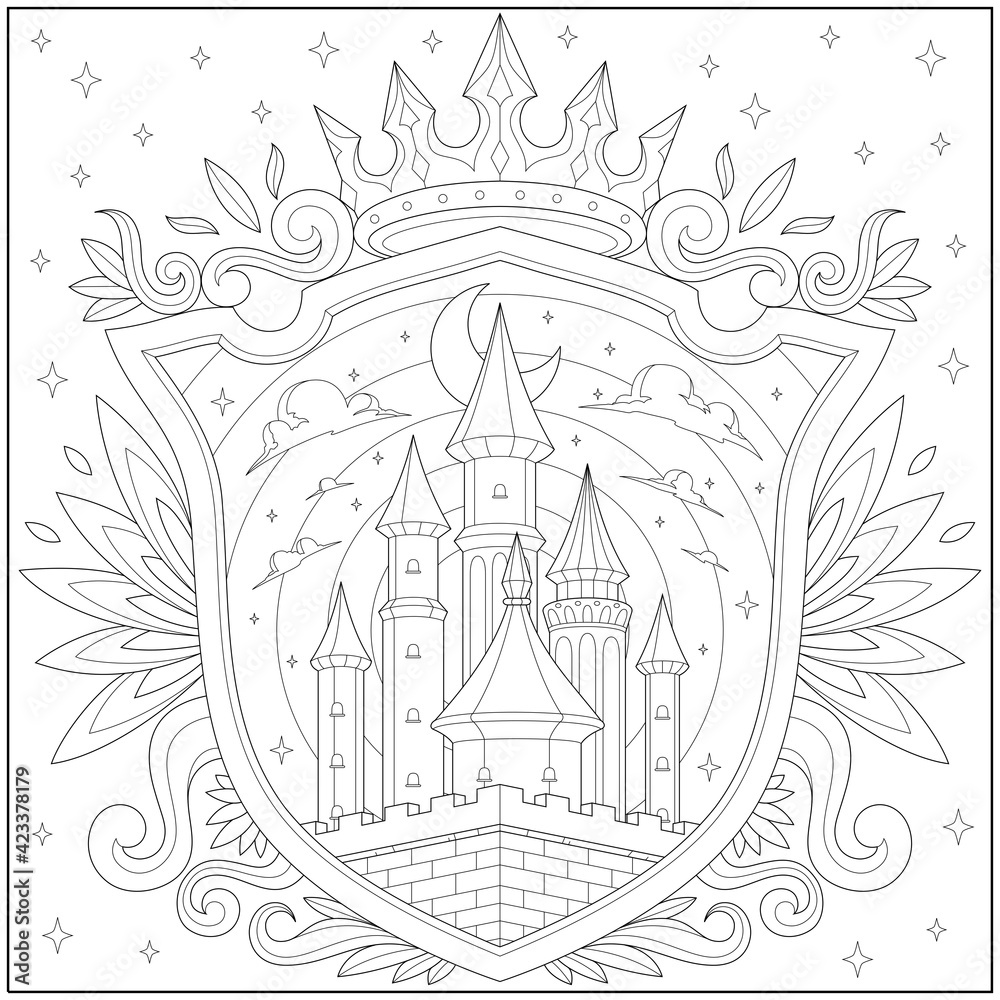 Fantasy castle kingdom with shield border and crown. Learning and education coloring page illustration for adults and children. Outline style, black and white drawing