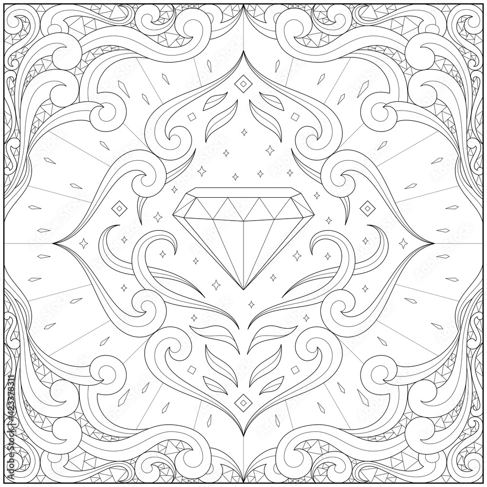 Amazing abstract emerald gemstone with artistic border. Learning and education coloring page illustration for adults and children. Outline style, black and white drawing