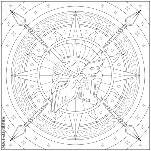 Fantasy spartan helmet with spear and sun mandala. Learning and education coloring page illustration for adults and children. Outline style, black and white drawing