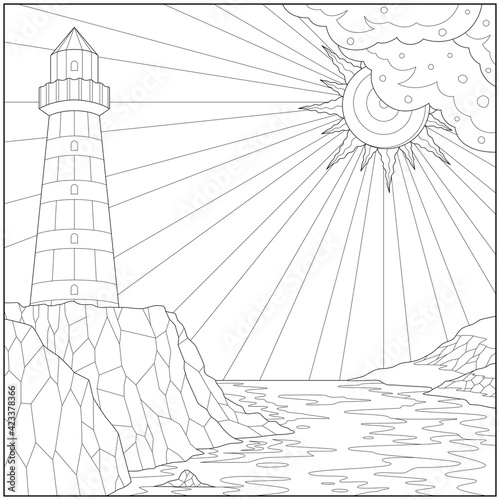 Fantasy lighthouse on the shore under the sunlight. Learning and education coloring page illustration for adults and children. Outline style, black and white drawing