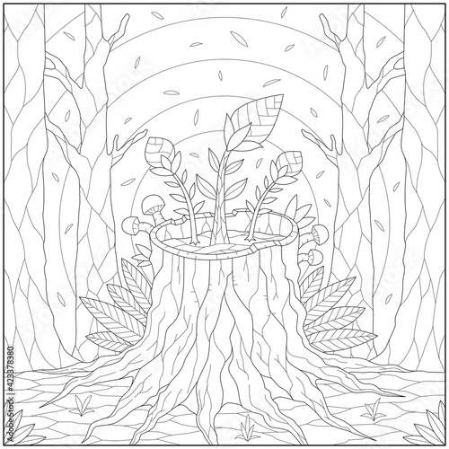 Fantasy plant and flower grow on the tree root in the forest. Learning and education coloring page illustration for adults and children. Outline style, black and white drawing