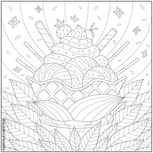 Amazing and delicious sundae with strawberry ice cream on the nature green leaves. Learning and education coloring page illustration for adults and children. Outline style, black and white drawing