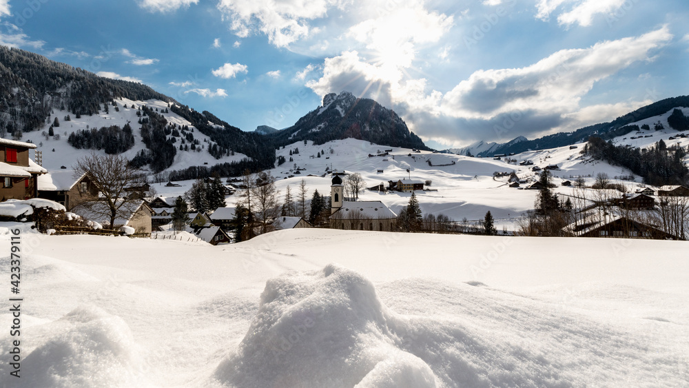 Snowy landscape of the Swiss Alps at Stein in Switzerland