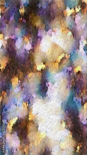 Colorful abstract background with paint stains. Pattern with yellow, brown, light blue, violet and beige colors. Print for phone case, poster, pillow, gift and wrapping paper.