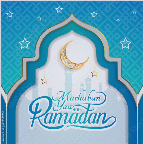 Greeting of marhaban ya ramadhan with lettering. ied Mubarak, elegant blue background Template (English: Welcome Ramadan)