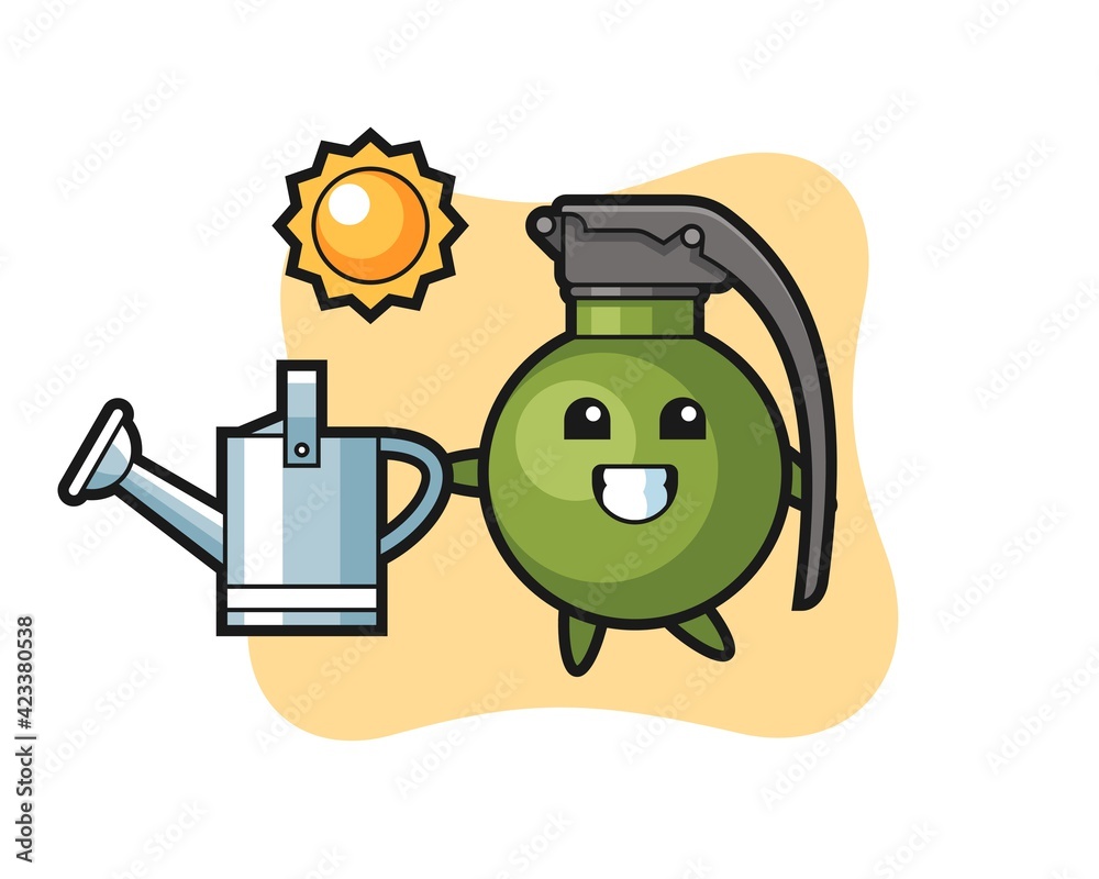 Cartoon character of grenade holding watering can Cartoon character of grenade holding watering can
