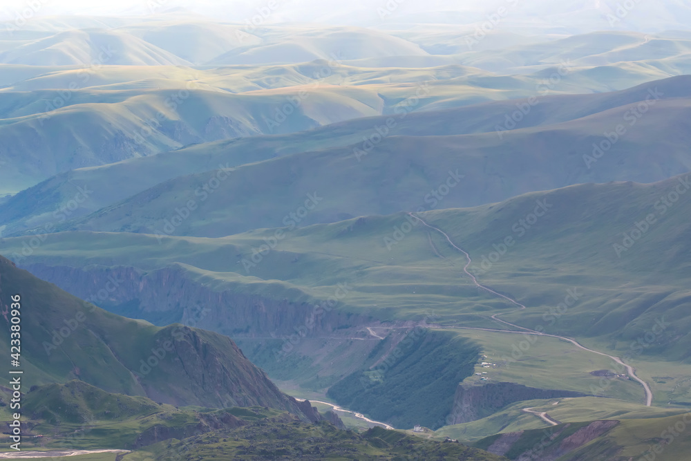 Caucasian landscape. View of Kyzyl-Kol river (Dzhily-Su) area. Prielbrusye National Park, Kabardino-Balkaria, Caucasus, Russia.