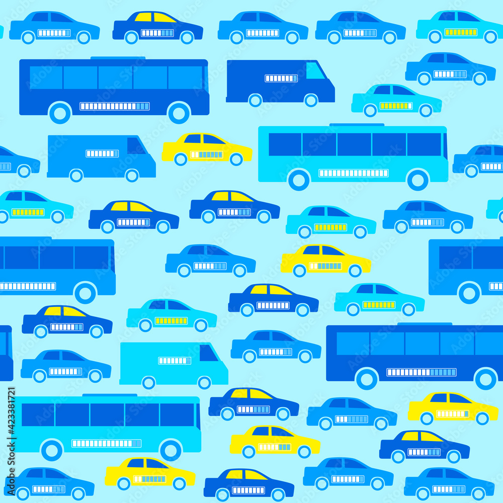 Naklejka premium Electric cars seamless patter. Vector illustration of eco vehicle concept.