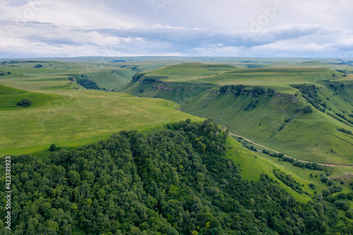 Caucasian landscape. View of surroundings of Honey waterfalls (Medovye waterfalls). Karachay-Cherkessia, Caucasus, Russia.