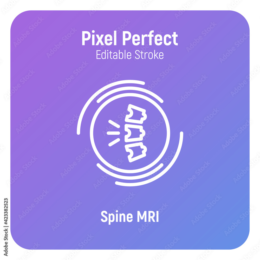Human spine MRI scan thin line icon. Medical equipment for oncology detection. Pixel perfect, editable stroke. Vector illustration. Human spine MRI scan thin line icon. Medical equipment for oncology detection. Pixel perfect, editable stroke. Vector illustration.
