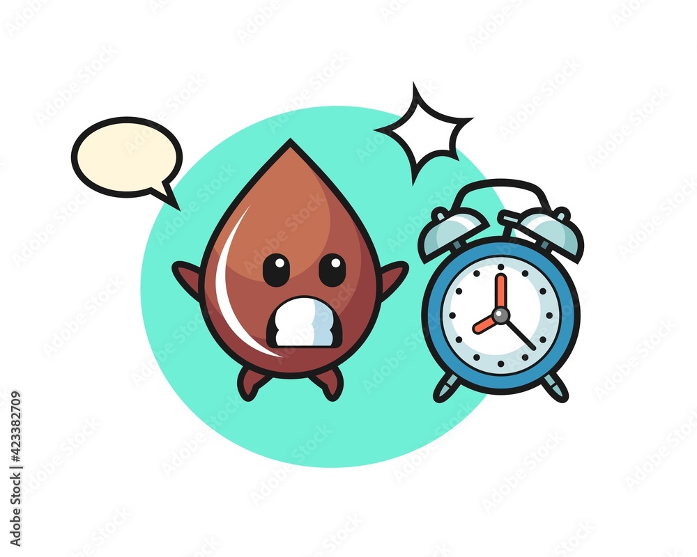 Cartoon Illustration of chocolate drop is surprised with a giant alarm clock Cartoon Illustration of chocolate drop is surprised with a giant alarm clock