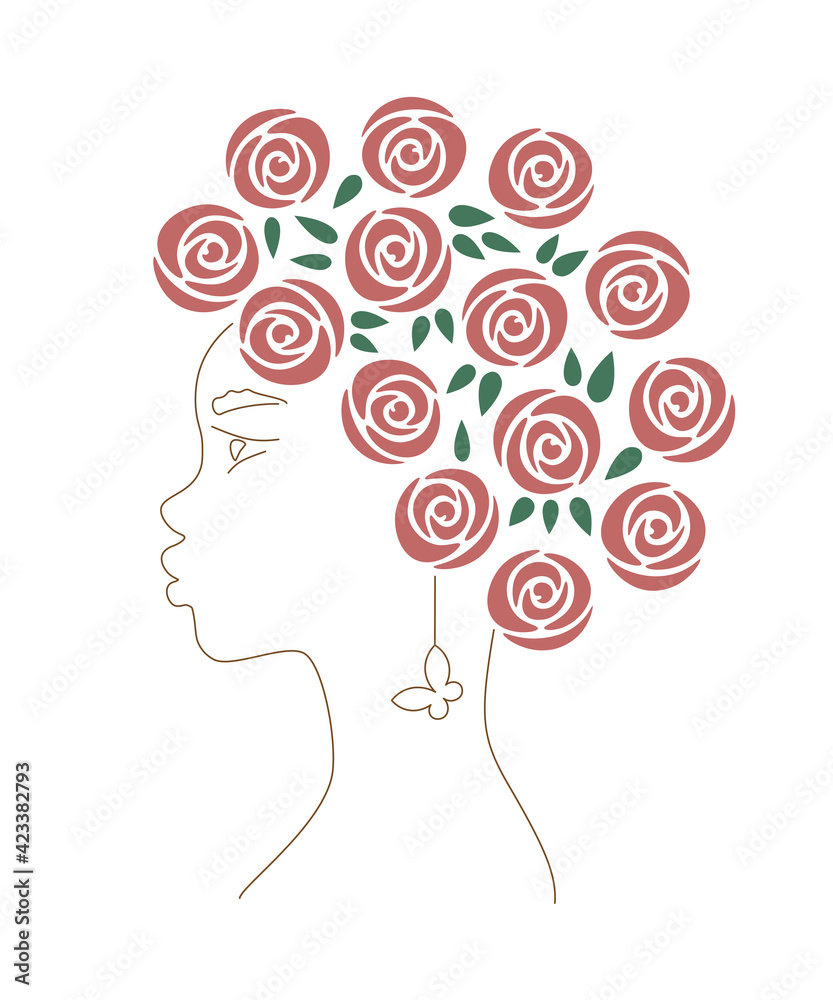 African woman with red roses a butterfly earring. Line art female portrait. Curly hair. Vector illustration isolated on white background.