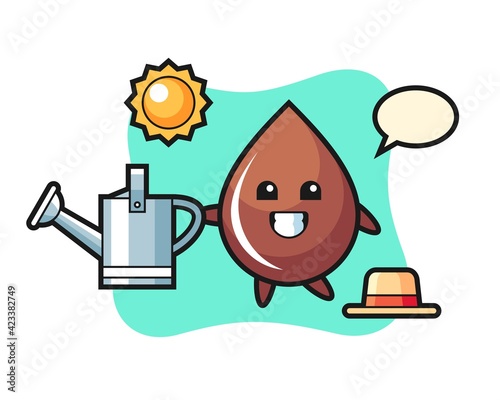 Cartoon character of chocolate drop holding watering can