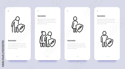Coronavirus vaccination. Virus protection: man, woman, elderly man, elderly woman are protected by shield with vaccine. Thin line icon. Pixel perfect, editable stroke. Vector illustration.