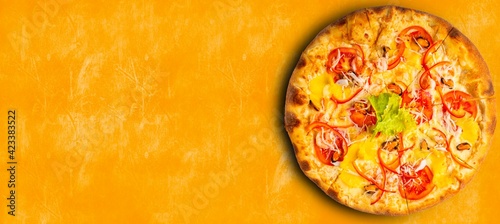 Tasty Italian pizza. Top view of hot Italian pizza. With copy space for text. 