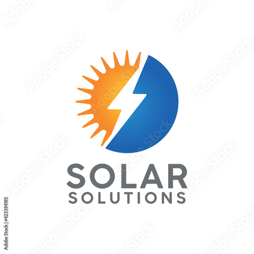 solar energy solution logo design template with sun, electricity bolt icon and blue solar panel