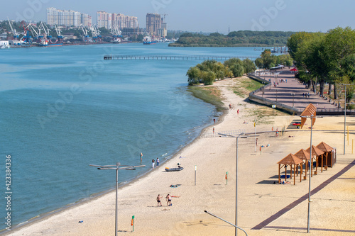 View of city beach on Don river on sunny day. Rostov-on-Don, Rostov oblast, Russia. photo