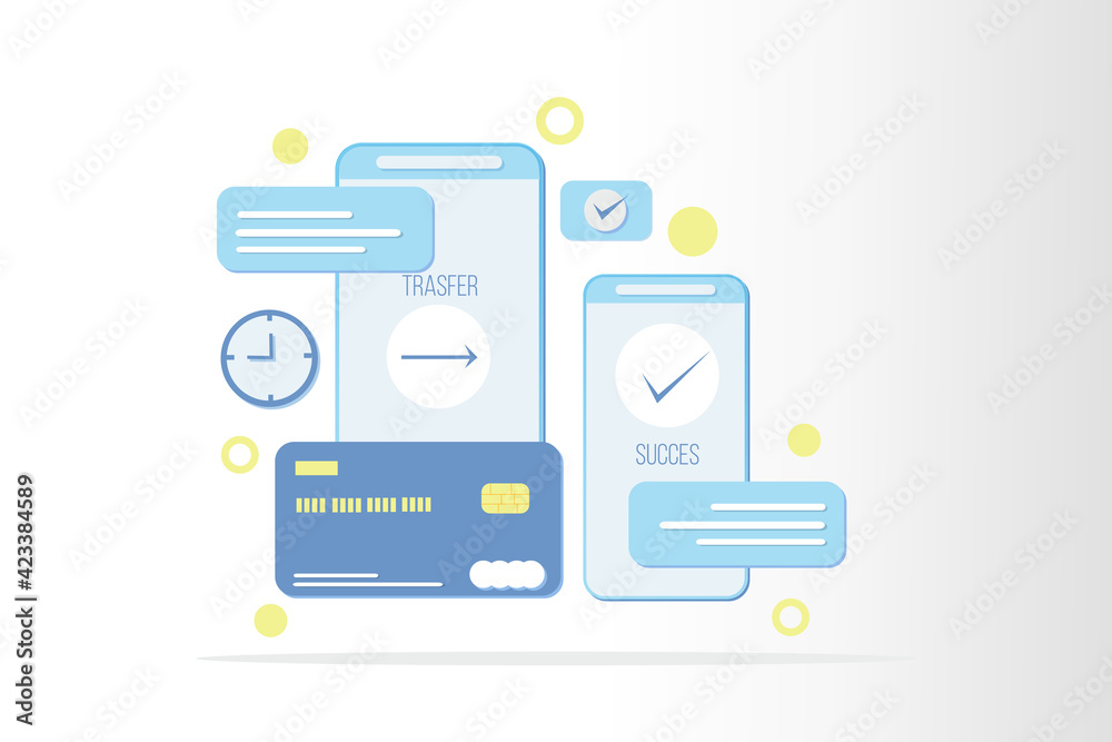 3d transfer payment online with smartphone and credit card using ornament chat and time. vector illustration 3d transfer payment online with smartphone and credit card using ornament chat and time. vector illustration