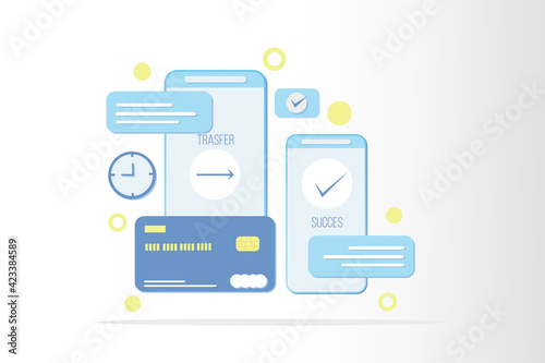 3d transfer payment online with smartphone and credit card using ornament chat and time. vector illustration