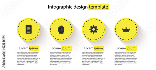 Set Passport, Pope hat, Cogwheel gear settings and Crown. Business infographic template. Vector