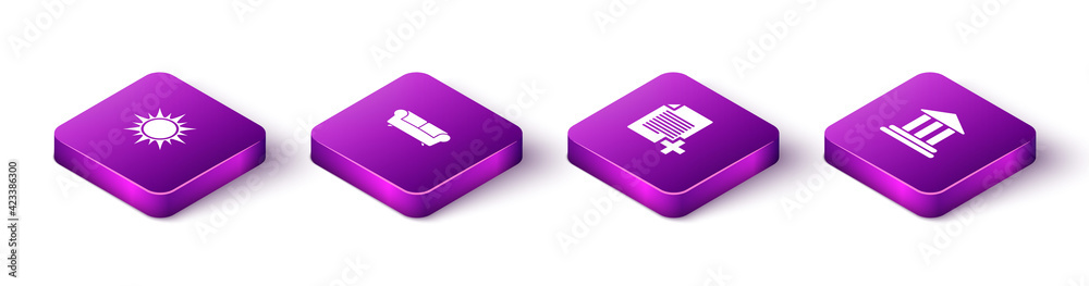 Set Isometric Sun, Sofa, Add new file and Bank building icon. Vector Set Isometric Sun, Sofa, Add new file and Bank building icon. Vector
