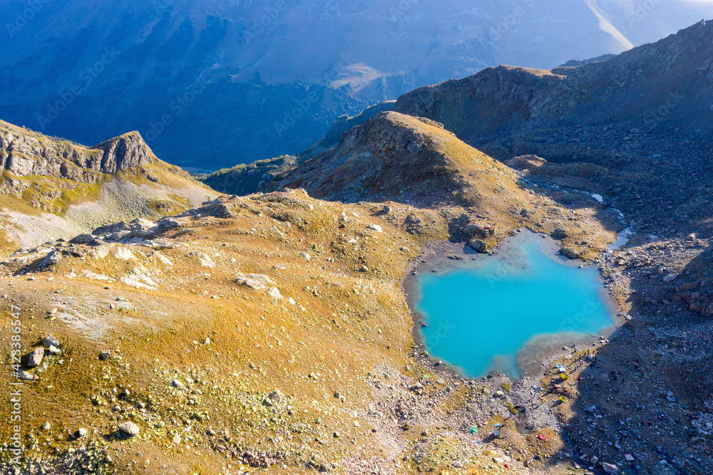 Aerial view of Small Sophia lakes (3000 m above sea level) on sunny autumn day. Arkhyz, Caucasus, Russia.