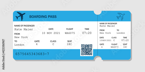 Realistic airline ticket.Paper boarding pass isolated on white background.Concept of travel, journey or business trip.Ticket design with a passenger name.