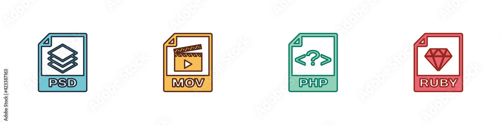 Set PSD file document, MOV, PHP and RUBY icon. Vector