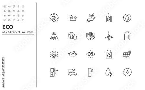 set of eco thin line icons perfect pixel 64x64, environment, nature, save the world