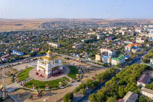 Aerial view of Burkhan Bakshin Altan Sume (The Golden Abode of the Buddha Shakyamuni) on sunny day. Elista, Kalmykia, Russia. photo