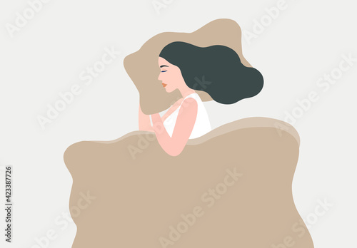 Beautiful woman sleeping happily on bed vector illustration. Sweet dream and good sleep concept