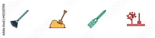 Set Garden rake for leaves, Shovel in the ground, Gardening handmade scissor and Planting tree icon. Vector