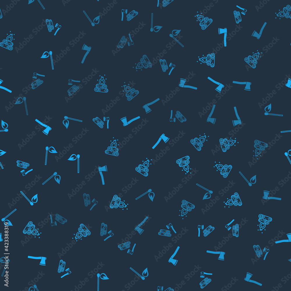 Set Wooden axe and wood, Campfire, and Burning match with on seamless pattern. Vector Set Wooden axe and wood, Campfire, and Burning match with on seamless pattern. Vector
