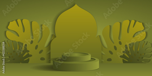Podium platform with monstera and mosque. Studio background vector 3d. podium display ramadan background.