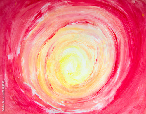 Drawing red whirlpool. Watercolor colorful abstract background. Sun hole