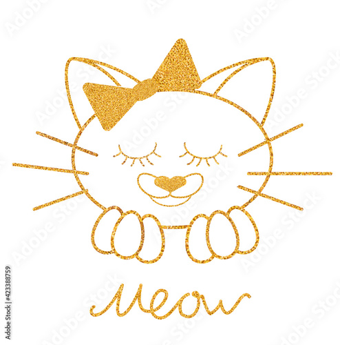 Gold glitter texture cat with bow isolated and letters meow on white background. Vector illustration design element.